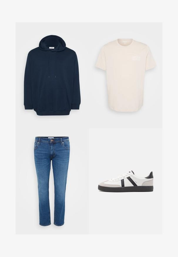 Navyblauer Hoodie aus Baumwollmischung mit einer Kapuze zum Schnüren, vorderer Kängurutasche, gerippten Bündchen und einem lässigen Schnitt.; Hellbeige Baumwoll-T-Shirt mit rundem Ausschnitt, kurzen Ärmeln und einem kleinen weißen Logo auf der linken Brustseite. Glatte Textur.; Jeans aus Denim in einem mittleren Blauton, mit einem geraden Bein Design, fünf Taschen-Stil und einem Knopfverschluss an der Taille.; Weiße Sneaker mit schwarz- und grau-aczenten, ausgestattet mit einer strukturierten grauen Zehenkappe, schwarzer Gummi-Sohle und flachen weißen Schnürsenkeln. Sauberes Design, minimalistische Stil.