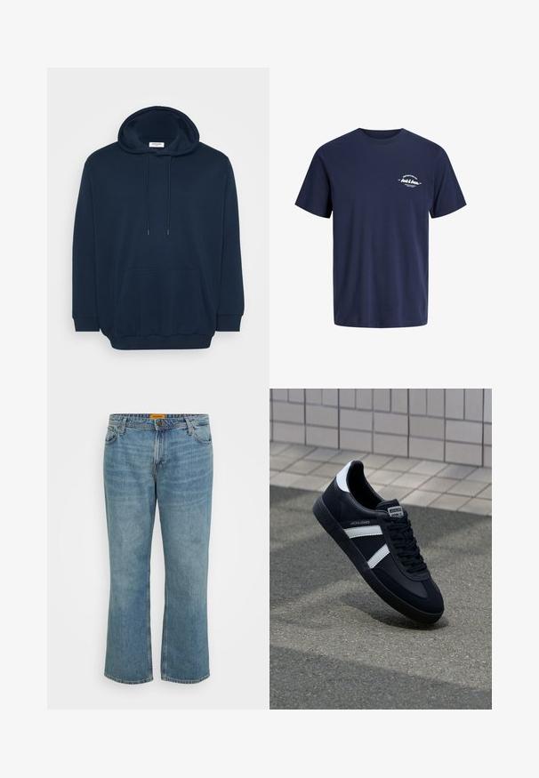 Marineblå hoodie i bomuldsblanding med justerbar hætte, frontlomme i kenguru-stil, ribbede manchetter og et afslappet fit-design.; Mørkeblå t-shirt med korte ærmer og rund hals med lille hvid tekst "Definition of Jack & Jones" på venstre bryst.; Lyseblå denim jeans med lige ben, fem lommer, synlig syning og lynlås. Mærket er gult på indersiden af taljebåndet.; Sort lædersneaker med hvide striber, tekstureret gummisål og snørrebånd foran. Har et brandet mærke på tungen.