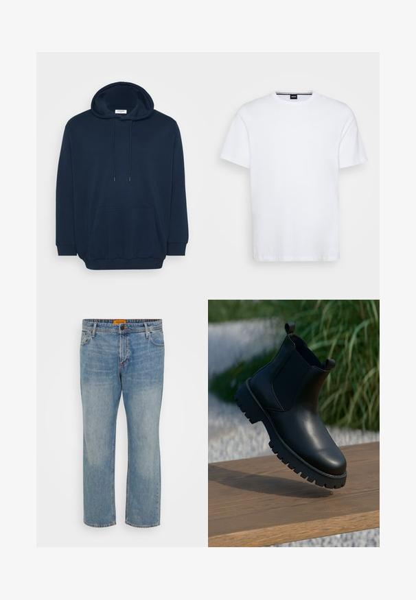 Marineblå hoodie i bomuldsblanding med justerbar hætte, frontlomme i kenguru-stil, ribbede manchetter og et afslappet fit-design.; Hvid bomulds t-shirt med rund halsudskæring og korte ærmer. Har et subtile mærke ved halsen. Glat tekstur, klassisk pasform.; Lyseblå denim jeans med lige ben, der har fem lommer, knaplukning og orange mærke på taljebåndet.; Sorte læder ankelstøvler med elastiske sidepaneler, rund tå og kraftig sål, vist på en træoverflade.