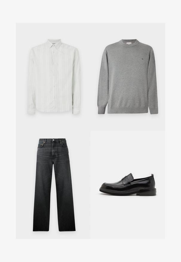 Suéter de cuello redondo gris claro hecho de tejido de punto. Presenta puños y dobladillo acanalados, con un pequeño logo negro en el lado izquierdo del pecho.; Camisa de manga larga gris claro con rayas verticales blancas, con botones en el frente y un cuello clásico. Presenta detalles en los puños de las mangas.; Jeans de mezclilla negros con un diseño de pierna recta, que cuentan con cinco bolsillos y un cierre de botón. La tela tiene un ligero brillo y una textura visible.; Calvin Klein MOCCASIN - Mocasines elegantes - black