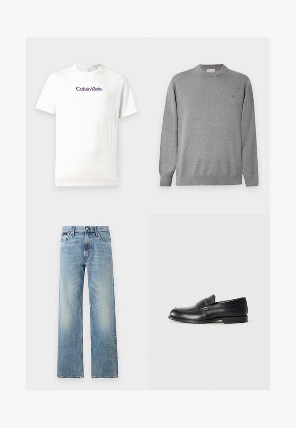 Suéter de cuello redondo gris claro hecho de tejido de punto. Presenta puños y dobladillo acanalados, con un pequeño logo negro en el lado izquierdo del pecho.; Camiseta de algodón blanca con cuello redondo, mangas cortas y un logo morado de "Calvin Klein" impreso en el pecho.; Vaqueros de mezclilla azul claro de corte recto con cintura alta, cinco bolsillos, cierre de botón y sutil desgaste en los muslos y las rodillas.; Mocasines de cuero negro con punta redondeada, detalles cosidos y suela plana de goma. Presentan una banda ancha sobre el empeine.