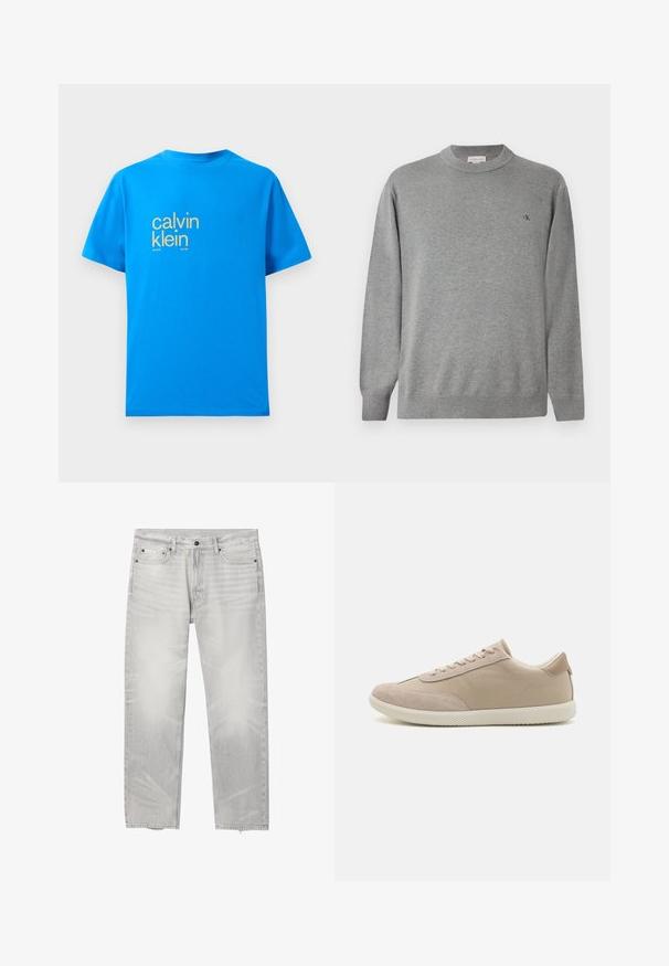Suéter de cuello redondo gris claro hecho de tejido de punto. Presenta puños y dobladillo acanalados, con un pequeño logo negro en el lado izquierdo del pecho.; Camiseta de algodón azul brillante con mangas cortas, que presenta un gran logo amarillo de "calvin klein" en el frente y el texto "new york city / since 1981".; Vaqueros de pierna recta de color gris claro con cinco bolsillos, cierre de botón y cremallera, y el logo de Calvin Klein en el pequeño bolsillo delantero.; Zapatilla beige con una mezcla de materiales de ante y lona, que cuenta con cordones, punta redonda, suela texturizada y un sutil logo de la marca en el lateral.