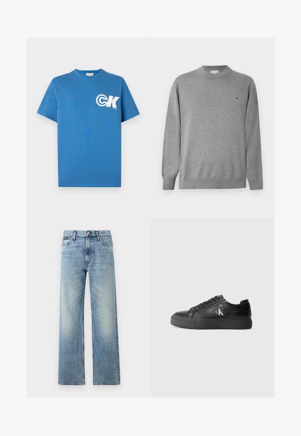 Suéter de cuello redondo gris claro hecho de tejido de punto. Presenta puños y dobladillo acanalados, con un pequeño logo negro en el lado izquierdo del pecho.; Camiseta azul de algodón con mangas cortas y cuello redondo, con el logo blanco "CK" en el pecho izquierdo. Textura lisa, corte regular.; Vaqueros de mezclilla azul claro de corte recto con cintura alta, cinco bolsillos, cierre de botón y sutil desgaste en los muslos y las rodillas.; Zapatilla de cuero negro con punta redondeada, suela negra plana y cordones tonales. Presenta un logo plateado en el costado, con una textura suave en toda su superficie.