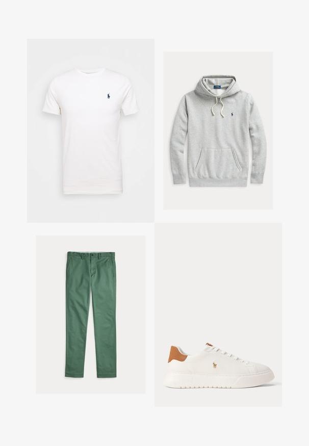 Sweat à capuche gris clair avec poche kangourou devant, cordon à la capuche et petit logo Polo Ralph Lauren bleu marine sur la poitrine gauche.; T-shirt en coton blanc à col rond. Présente un petit logo bleu marine sur la poitrine gauche. Manches courtes, texture lisse.; Pantalon vert droit pour homme avec poches avant, passants de ceinture et fermeture par bouton, présenté à plat sur fond blanc.; Baskets basses blanches avec languette de talon beige, lacets blancs et petit logo brodé d'un joueur de polo sur le côté au-dessus d'une semelle épaisse.