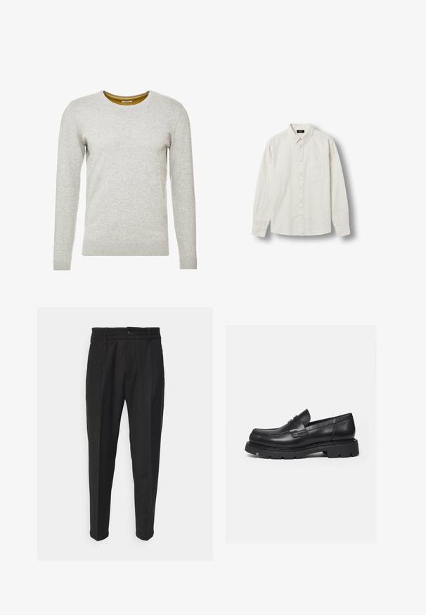 TOM TAILOR CREW NECK - Pullover - light soft grey melange; Chemise boutonnée à manches longues de couleur blanc cassé avec col boutonné et poche poitrine, présentée à plat sur fond blanc.; Pantalons noirs en tissu texturé, dotés d'une fermeture à bouton, d'une taille élastique, de deux poches avant et de jambes fuselées.; Mocassin en cuir noir avec semelle épaisse crantée et détail de bride penny, présenté en profil droit sur fond blanc.