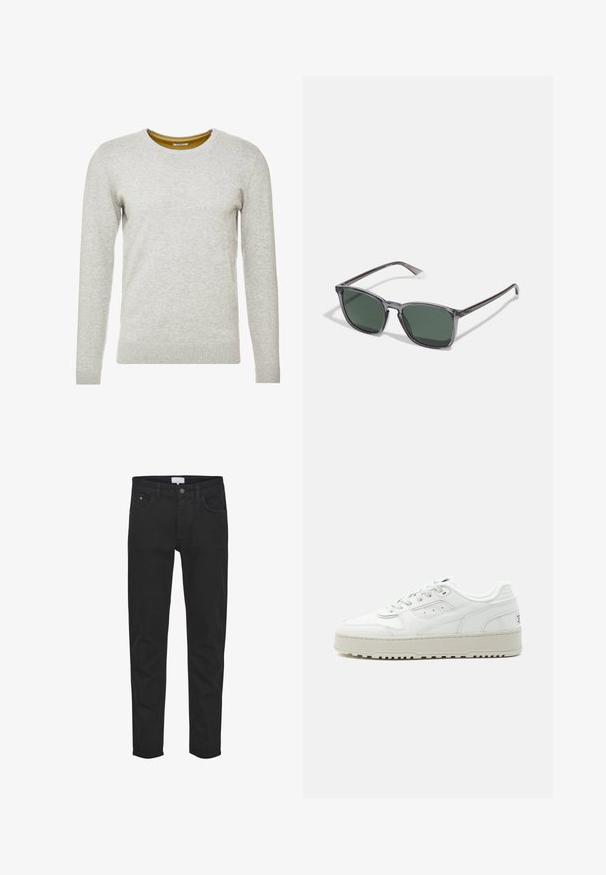 TOM TAILOR CREW NECK - Strickpullover - light soft grey melange; Schwarze Denim-Jeans verfügen über fünf Taschen, einen Reißverschluss, eine schmale Passform und subtile Nähte. Der Stoff hat eine glatte Textur.; Weißer Sneaker in niedriger Ausführung mit dicker Sohle, Schnürverschluss vorne, perforierten Details und gepolstertem Schaft auf schlichtem hellgrauem Hintergrund.; Polaroid Sonnenbrille - grey