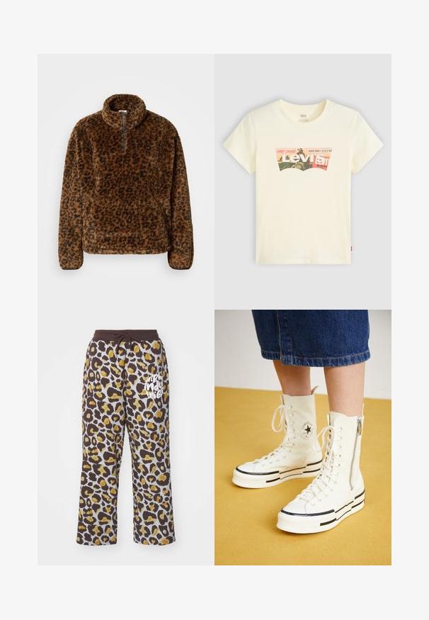 Brun leopardprint fleecepullover med høj krave, kvart-lynlås foran og blødt, tekstureret stof. Har lange ærmer og en afslappet pasform.; Crèmelavet bomulds T-shirt med korte ærmer, der har et farverigt grafisk logo med teksten "Levi's" og yderligere designelementer.; Svet pants i leopardmønster i brune og gule nuancer med snoretræk i livet og hvid "alpha industries" tekst på venstre ben.; Hvide høj-top sneakers med lynlåslukning, snørresystem og sorte striber på en tyk sål. Tekstureret kanvasmateriale.