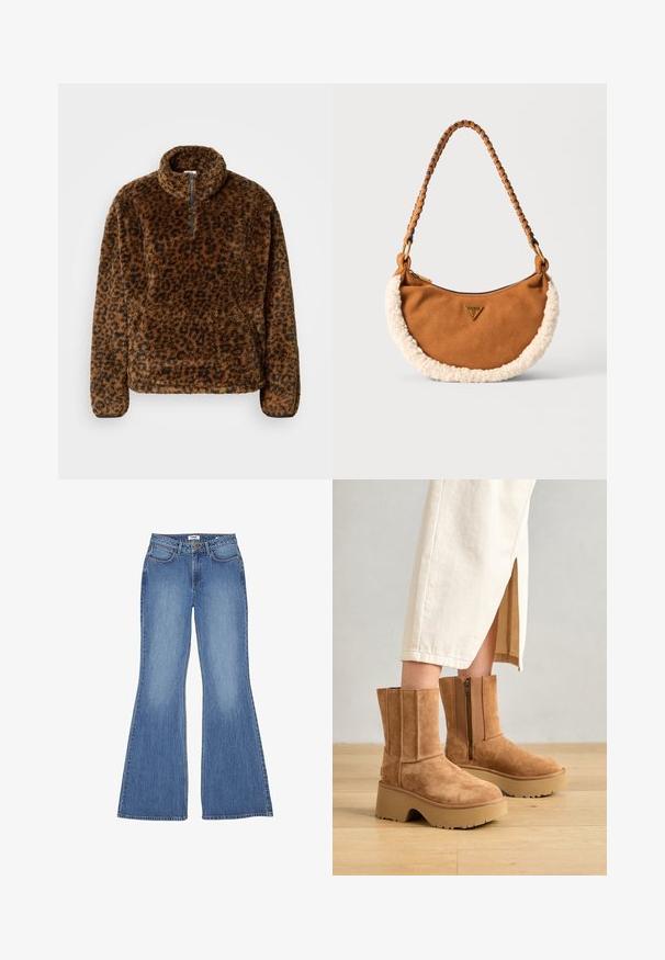 Brauner Fleecepullover mit Leopardenmuster, hohem Kragen, Viertel-Reißverschluss vorne und weichem, strukturiertem Stoff. Verfügt über lange Ärmel und eine lockere Passform.; Ausgestellte blaue Denim-Jeans mit hoher Taille, fünf Taschen und Kontrastnähten; glatte Textur und klassischer Waschung.; Braune Wildleder-Stiefeletten mit einer klobigen Plateausohle, seitlichem Reißverschluss und vertikalen Nähdetails, kombiniert mit einem cremefarbenen Rock.; Braune Wildlederhandtasche mit einem cremefarbenen Kunstfellbesatz und einem geflochtenen Griff. Verfügt über ein dreieckiges Logo auf der Vorderseite und einen Reißverschluss.
