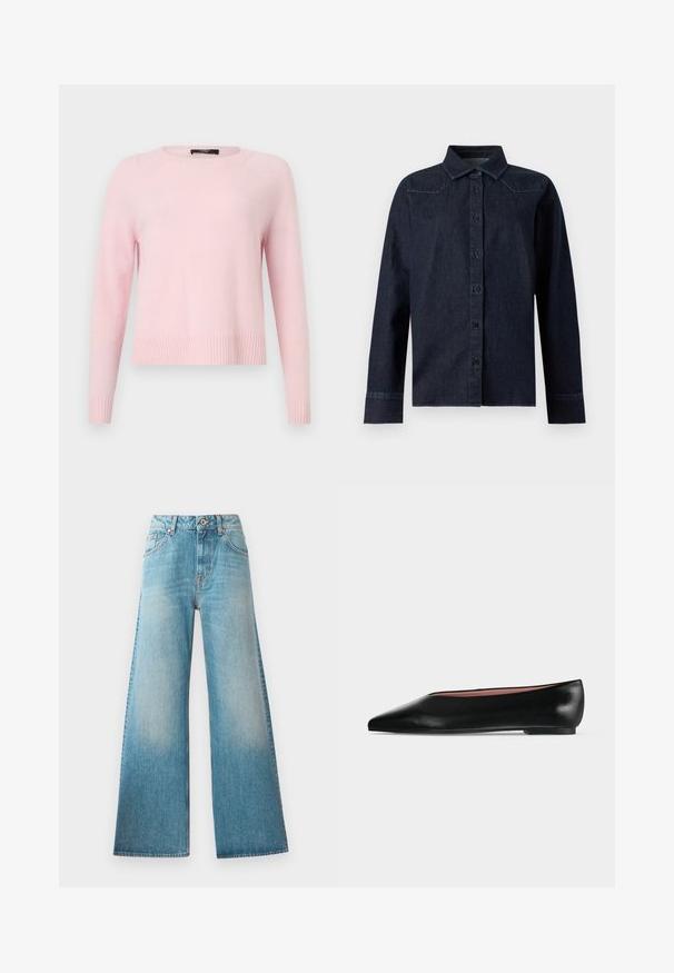 Lyserød langærmet strikket sweater med ribbede manchetter, kant og rund halsudskæring, vist på en ensfarvet lys baggrund.; Mørkeblå denimskjorte med lange ærmer, knapper foran, spids krave og enkle syningsdetaljer på skuldre og manchetter.; Lysblå denim wide-leg jeans med høj talje, fem-lomme design og diskret falmning langs lårerne. Kobberfarvede hardware-detaljer.; Sort damesko i læder med flad hæl og spids tå, vist fra siden på en ensfarvet lys grå baggrund.