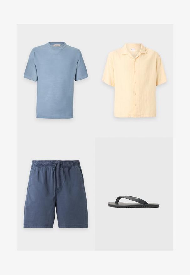 Lyseblå kortærmet strikket skjorte med rund hals og tekstureret stof, mærket "ONLY & SONS" indeni kraven.; Kortærmet, lysebeige skjorte med knapper, spredt krave og fem synlige knapper på en ensfarvet baggrund.; Marineblå afslappede shorts med elastisk talje og snøre, lige ben og sidelommer.; Sort flip-flop med teksturerede stropper, flad sål og tandet kant. Fremstillet af gummi med en glat finish og minimalistisk design.