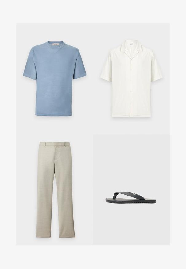 Hellblaues, kurzärmeliges Strickshirt mit Rundhalsausschnitt und strukturierter Stoffoberfläche, innen am Kragen mit "ONLY & SONS" beschriftet.; Kurzärmliges weißes Hemd mit Knopfleiste, Camp-Kragen und dezent strukturiertem Stoff, präsentiert vor hellem, einfarbigem Hintergrund.; Hellbeige, gerade geschnittene Anzughose mit Gürtelschlaufen, Frontreißverschluss und feiner Struktur auf weißem Hintergrund.; Schwarze Flip-Flops mit strukturierten Riemen, flacher Sohle und gezacktem Rand. Hergestellt aus Gummi mit glatter Oberfläche und minimalistischer Gestaltung.