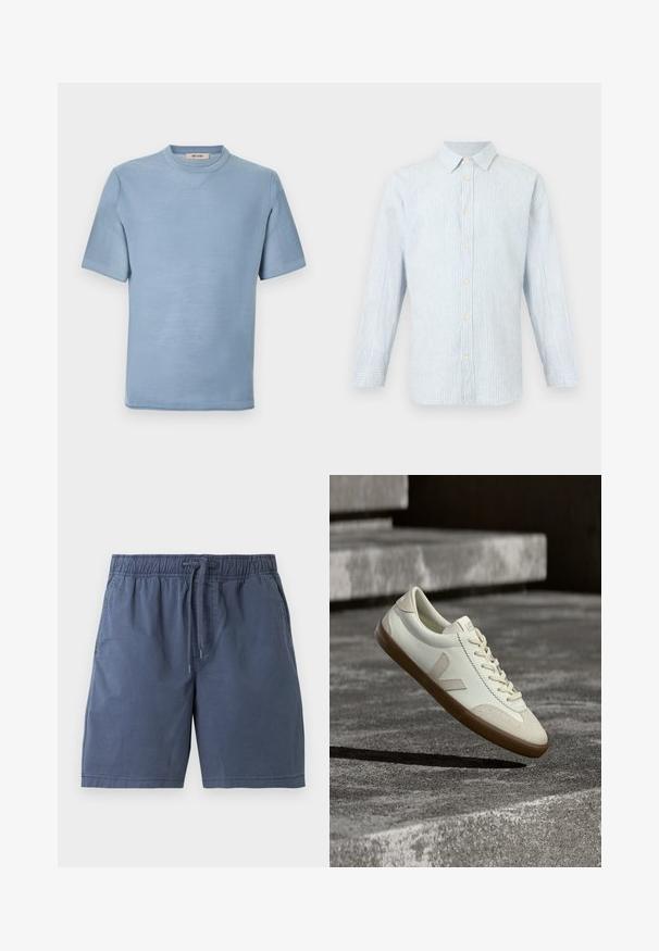 Chemise en maille bleu clair à manches courtes avec col rond et tissu texturé, portant l'étiquette "ONLY & SONS" à l'intérieur du col.; Chemise à manches longues à rayures verticales bleu clair et blanches avec col et poignets boutonnés.; Shorts décontractés bleu marine avec taille élastique et cordon, coupe droite et poches latérales.; Baskets en cuir blanc avec semelle en caoutchouc beige, lacets plats et accent en forme de V sur le côté. Présentent une surface lisse et peu de détails de couture.