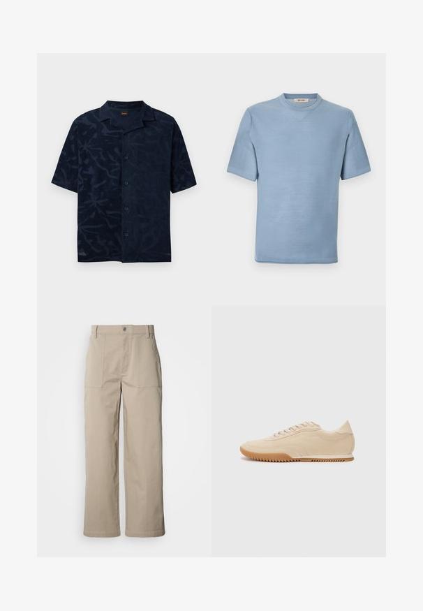 Chemise en maille bleu clair à manches courtes avec col rond et tissu texturé, portant l'étiquette "ONLY & SONS" à l'intérieur du col.; Chemise bleu marine à manches courtes avec un discret motif de feuilles ton sur ton et un col camp, posée à plat sur un fond clair.; Pantalon beige à jambes larges en coton ; doté de poches plaquées à l'avant, d'une fermeture à bouton et de coutures visibles le long des ourlets.; Baskets en daim beige au design épuré, présentant une tige texturée, un bout rond et une semelle en caoutchouc avec un motif en zigzag.