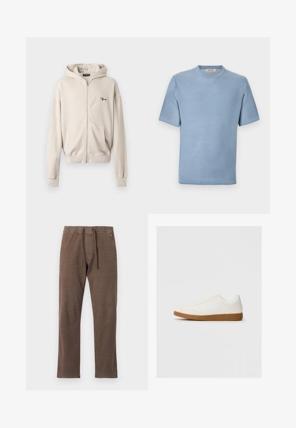 Chemise en maille bleu clair à manches courtes avec col rond et tissu texturé, portant l'étiquette "ONLY & SONS" à l'intérieur du col.; Haut à capuche zippé beige en tissu côtelé, doté d'une poche avant, d'une texture douce et d'un petit logo noir sur la poitrine gauche.; Pantalon décontracté marron avec taille à cordon, poches latérales, jambes droites et coutures décoratives sur un fond clair uni.; Baskets blanches avec un capuchon en daim, un dessus en synthétique lisse et une semelle en caoutchouc marron. Présente des perforations sur les côtés pour une meilleure respirabilité.
