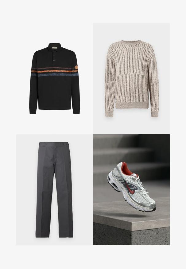 Beige tekstureret sweater med vertikalt ribbet mønster, rund halsudskæring og lange ærmer. Blødt materiale med en lidt løs pasform.; Sort langærmet polo-shirt med et struktureret horisontalt stribemønster i orange og blå, med et logo-patch på venstre ærme.; Mørkegrå bukser med lige ben, flad front og uden synlige lommer, vist på en ensartet hvid baggrund.; Hvid og sølv Nike løbesko med røde accenter, der svæver over en betonkant og viser dens side- og såldetaljer.