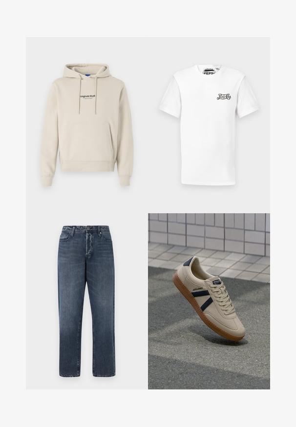 Beige sweatshirt met een capuchon, voorste kangoeroezak en tekstlogo 'Originals Studio'; heeft lange mouwen en geribbelde manchetten.; Wit T-shirt met korte mouwen en ronde hals, met een klein zwart "Pepsi-Cola" logo op de linkerkant van de borst en een merklabel in de nek.; Jack & Jones Loose-fit JJIEDDIE JJORIGINAL SQ 227 - Baggy jeans - blue denim; Beige sneaker met een textuurafwerking, marineblauwe strepen en een rubberen zool. Heeft een gevoerde tong en een traditioneel vetersysteem voor een veilige pasvorm.