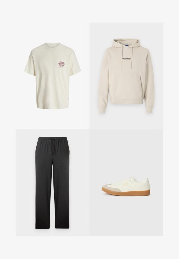 Beige sweatshirt met een capuchon, voorste kangoeroezak en tekstlogo 'Originals Studio'; heeft lange mouwen en geribbelde manchetten.; Witte T-shirt met korte mouwen met rode tekst "Studio Originals Edition" op de linker borst, weergegeven op een neutrale grijze achtergrond.; Zwarte elastische broek met een trekkoord. Gemaakt van zachte stof, hebben ze een recht gesneden pijp en een minimale textuur. Geen zichtbare zakken.; Schoen gemaakt van wit leer met een beige teenkap en een lichtbruine rubberen zool. Voorzien van platte witte veters en reliëfbranding aan de zijkant.