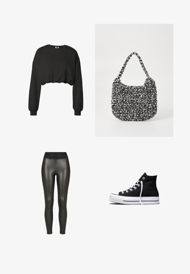 Musta lyhyt collegepaita, jossa on pitkät hihat, resorireunukset, pyöreä pääntie ja laskostettu helma.; Musta korkeavyötäröinen keinonahka leggingsit, joissa sileä, kiiltävä pinta ja nilkanpituinen malli valkoisella taustalla.; Musta korkeavartinen kangastennari, jossa valkoinen kumipohja ja valkoiset nauhat, esitetty sivusta valkoisella taustalla.; Kudottu käsilaukku mustavalkoisena, pyöreällä muotoilulla, tekstuuripinnalla ja pitkillä punottu kahvalla. Sopii arkikäyttöön.