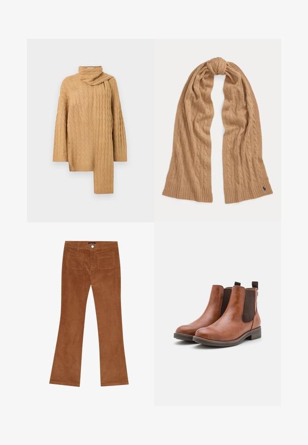 Pull en maille torsadée de couleur marron clair. Doté d'un col haut et d'un ourlet asymétrique avec un détail d'écharpe drapée sur un côté. Texture douce.; Pantalons en velours côtelé marron évasés avec une texture côtelée, fermeture à bouton à l'avant et deux poches arrière.; Bottines en cuir marron avec des panneaux élastiques sur les côtés, bout rond et petit talon en bois. Présentent une languette pour un enfilage facile.; Écharpe tricotée marron clair avec un motif torsadé, des extrémités côtelées et un petit logo brodé bleu foncé près d'un bord.
