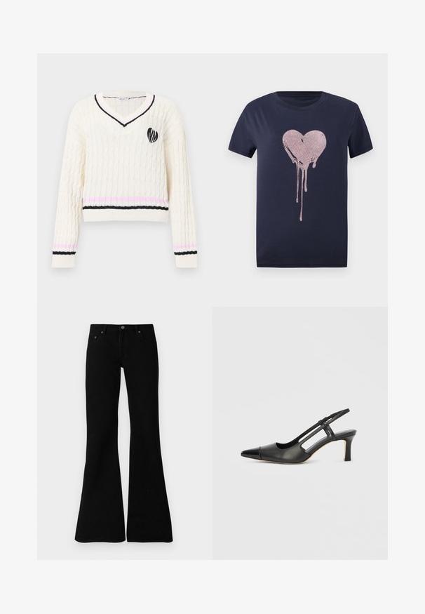 Kremfarvet kabelstrikket V-udskåret sweater med sorte og pink striber på manchetter og kant, med et sort hjerteemblem på brystet.; Marineblå bomuld T-shirt med et dryppende hjerte-design i pink. Korte ærmer og rund halsudskæring. Glat stoftekstur.; Sorte flagrende jeans lavet af denim, med et klassisk fem-lomme design, knaplukning og subtile syninger langs sømmene.; Sort læder slingback-sko med spids tå, der har en blank accent på tåhætten og en mellemhøj hæl. Åben sidesektion.