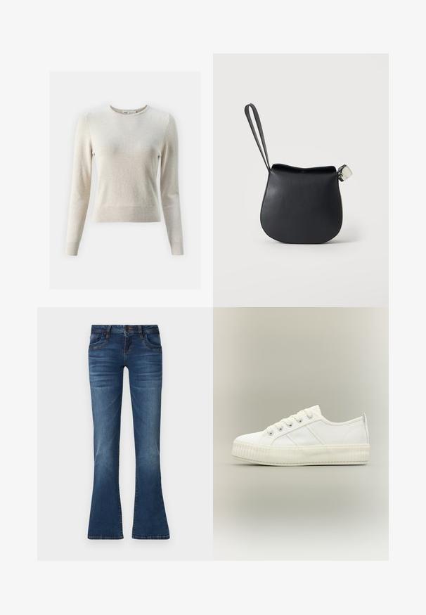 Lichtbeige, lange mouwen trui gemaakt van een zachte stof. Heeft een ronde hals, geribbelde manchetten en een getailleerd silhouet.; Blauwe denim jeans met een iets uitlopende pijp, sluiting met knopen aan de voorkant, zakken en subtiele vervaging details op de dijen en knieën.; Witte lage sneaker met dikke geribde zool, veters aan de voorkant en trek-lus aan de hiel tegen een neutrale achtergrond.; Zwart leren polstasje met afgeronde bodem en zilveren gesp op een effen witte achtergrond.