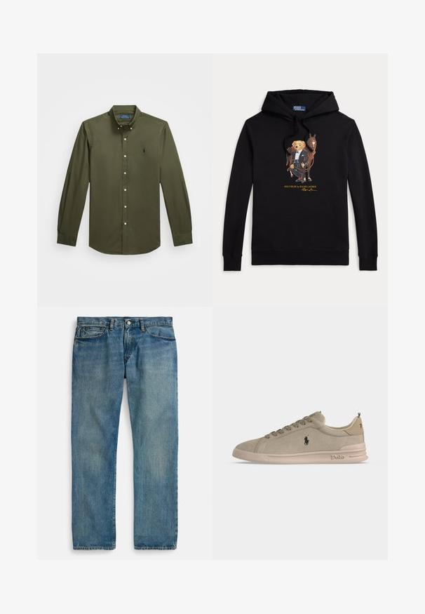Čierna mikina s kapucňou s Polo Bear v smokingu, ktorý drží uzdu koňa, text "POLO BEAR by RALPH LAUREN" pod grafikou.; Košeľa s dlhými rukávmi a zapínaním na gombíky, vyrobená z olivovo zelenej bavlny. Má malú vyšívanú logo na hrudi, štandardný golier a gombíkové detaily.; Svetlomodré rifle z denimu s rovnými nohavicami, vybavené piatimi vreckami, zapínaním na gombík a jemne vyblednutým efektom pre textúru.; Svetlobéžové semišové nízke tenisky s logom Polo na boku a päte, predné zaväzovanie na šnúrky a béžová gumová podrážka.