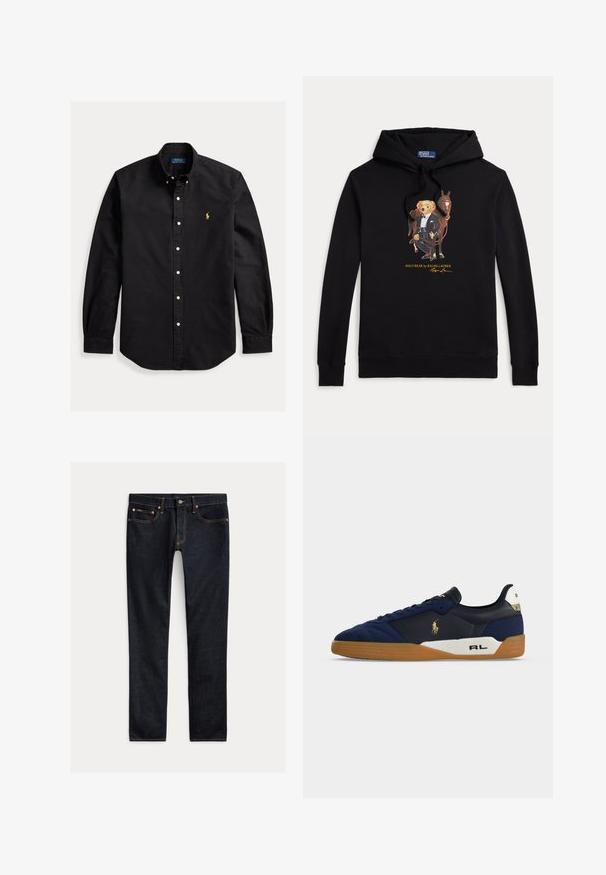 Čierna mikina s kapucňou s Polo Bear v smokingu, ktorý drží uzdu koňa, text "POLO BEAR by RALPH LAUREN" pod grafikou.; Čierna košeľa s dlhým rukávom na gombíky, s gombíkovým golierom a malým žltým logom Polo Ralph Lauren na ľavej strane hrudníka.; Tmavomodré slim-fit džínsy s piatimi vreckami, zapínaním na gombíky a kontrastným prešívaním, položené na svetlom pozadí.; Nízke tenisky s vrchnou časťou z námorníckej modrej semišovej a koženej látky, gumovou podrážkou, bielou medzipodošvou s textom "RL" a zlatým logom Polo Ralph Lauren na boku.