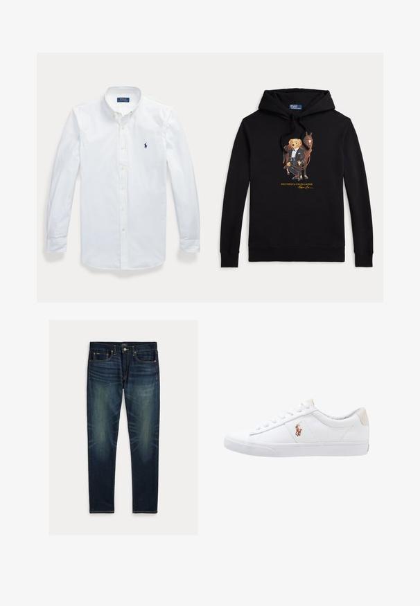 Zwarte hoodie met Polo Bear in een smoking die de teugels van een paard vasthoudt, tekst "POLO BEAR by RALPH LAUREN" onder de afbeelding.; Wit overhemd met lange mouwen en knopen, met kraag, Polo Ralph Lauren-logo geborduurd op de linkerborst.; Donkerblauwe slim-fit jeans met vervaagde details, vijfzakkenontwerp en knoopsluiting, plat gelegd op een witte achtergrond.; Witte canvas sneakers met een laag ontwerp, featuring een beige hieltab en een klein geborduurd logo aan de zijkant. Rubber zool.