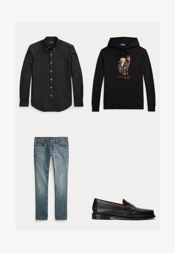 Zwarte hoodie met Polo Bear in een smoking die de teugels van een paard vasthoudt, tekst "POLO BEAR by RALPH LAUREN" onder de afbeelding.; Zwarte blouse met lange mouwen en knopen, met rood geborduurd logo op de linkerborst en een button-down kraag.; Blauwe denim jeans met rechte pijpen, voorzakken, riemlussen en knoopsluiting.; Zwarte leren loafer met lage hak en penny-strap detail, van opzij getoond op een lichtgrijze achtergrond.