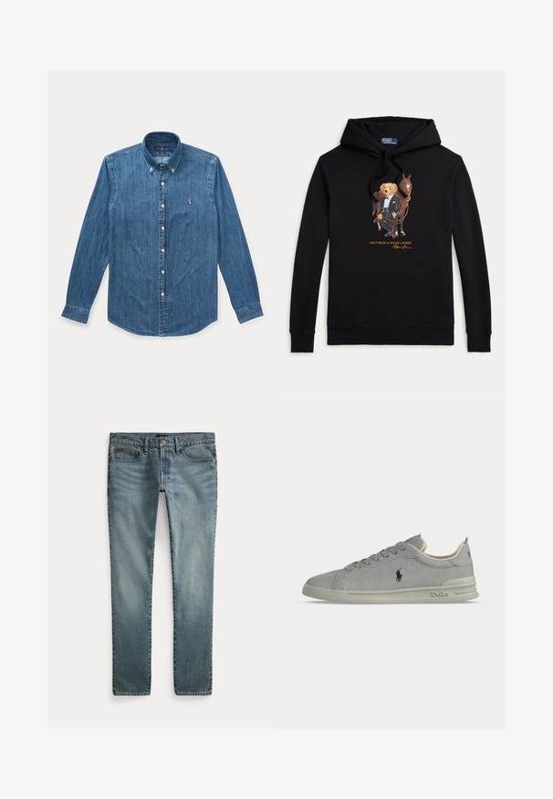 Sort hættetrøje med Polo Bear i smoking, der holder en hests tøjler, tekst "POLO BEAR by RALPH LAUREN" under grafikken.; Langærmet blå denim skjorte med knapper, krave og lille broderet logo på venstre bryst.; Blå denim jeans med lige ben, forlommer, bæltestropper og knaplukning.; Grå ruskind lavtop sneakers med Polo-logo på siden, snørebånd foran og polstret sål med Polo-branding på hælen og sålkanten.