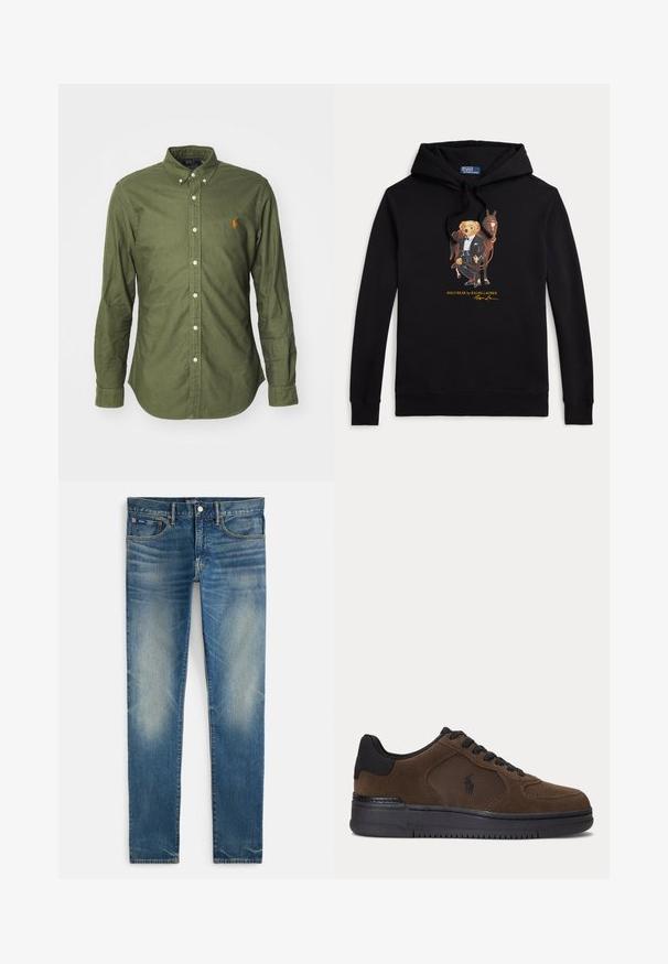 Must kapuutsiga dressipluus Polo Karuga smokis, kes hoiab hobuse ohje, tekst "POLO BEAR by RALPH LAUREN" graafika all.; Oliivroheline nööbiga särk, mis on valmistatud puuvillast, klassikalise kraega, pikkade varrukatega ning millel on oranž tikandiga logo rinnal.; Sinised tuhm koosseisuga kitsad teksad, nööbi ja tõmbluku kinnitusega, esikülje taskud ja väike münditasku, esitage valgel taustal lahtiselt.; Tumepruun madala säärega toss musta tallaga, mustade paeltega ja võrgust küljepaneeliga, millel on väike must logo.