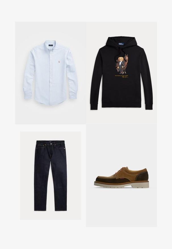Čierna mikina s kapucňou s Polo Bear v smokingu, ktorý drží uzdu koňa, text "POLO BEAR by RALPH LAUREN" pod grafikou.; Svetlomodrá a biela pruhovaná košeľa na gombíky s golierom, dlhými rukávmi a malým vyšívaným logom na hrudi. Materiál: bavlna.; Tmavomodré rovné rifle s piatimi vreckami, zapínaním na gombík a zips, so z kontrastným oranžovým prešívaním na jednofarebnom pozadí.; Hnedá a svetlohnedá semišová casual obuv na šnurovanie s hrubou bielou podrážkou a kontrastným prešitím na jednofarebnom pozadí.