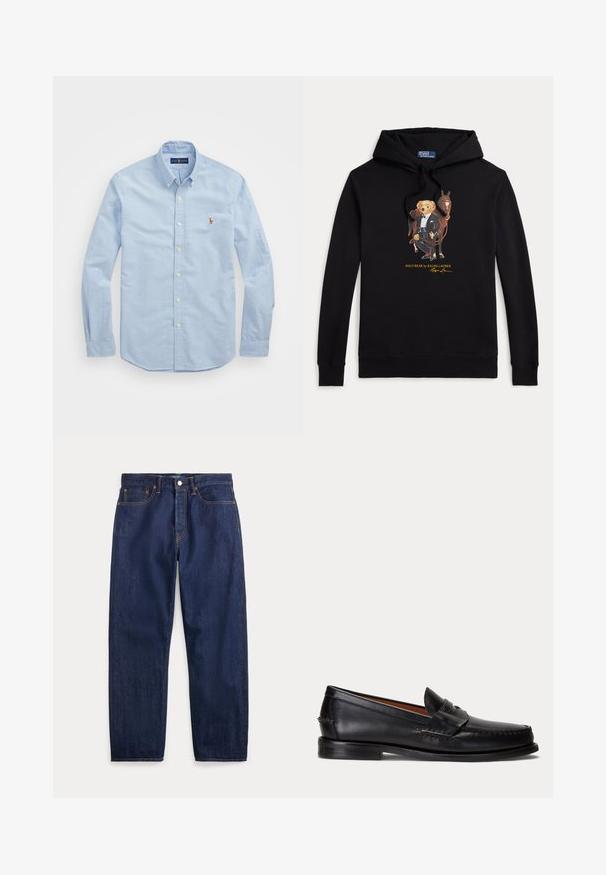 Schwarzer Hoodie mit Polo Bear im Smoking, der die Zügel eines Pferdes hält, Text "POLO BEAR by RALPH LAUREN" unter der Grafik.; Himmlisch blaues Langarm-Hemd aus Baumwolle mit klassischem Kragen und kleinem roten gestickten Logo auf der Brust.; Dunkelblaue Jeans aus Denim mit geraden Beinen, fünf Taschen, Knopfverschluss und sichtbaren Nähten.; Schwarzer Lederloafer mit niedrigem Absatz und Pennyriemendetail, von der Seite auf hellgrauem Hintergrund gezeigt.