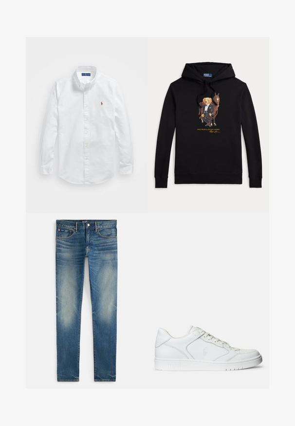 Schwarzer Hoodie mit Polo Bear im Smoking, der die Zügel eines Pferdes hält, Text "POLO BEAR by RALPH LAUREN" unter der Grafik.; Weißes Baumwollhemd mit Knopfverschluss, klassischem Kragen, langen Ärmeln und einem kleinen gestickten Logo auf der linken Brust.; Blaue, verwaschene Slim-Fit-Jeans mit Knopf- und Reißverschluss, vorne mit Haupt- und kleinem Münztaschen, flach auf weißem Hintergrund liegend dargestellt.; Weißer Ledersneaker mit glatter Textur, ausgestattet mit einer perforierten Zehenpartie, Schnürverschluss und gesticktem Logo an der Seite. Weiße Gummisohle.
