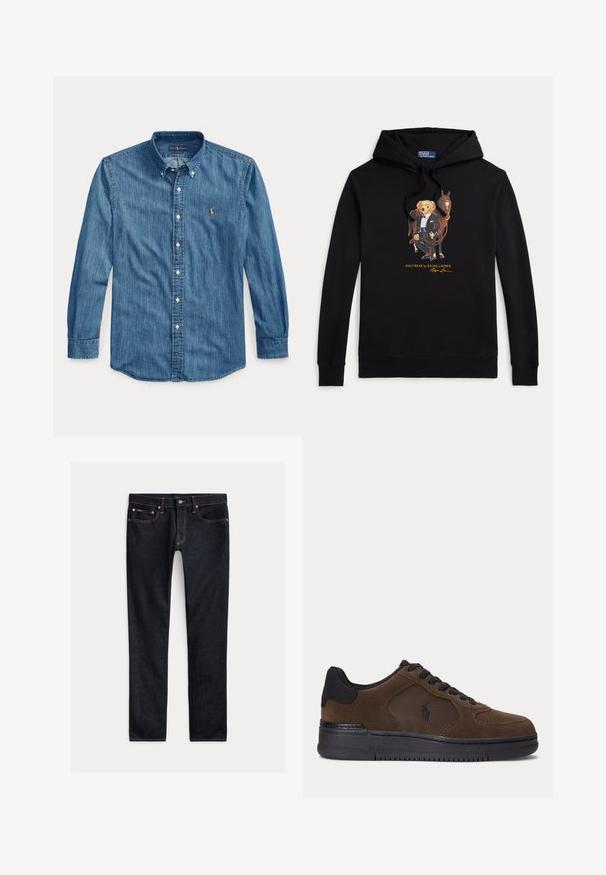 Zwarte hoodie met Polo Bear in een smoking die de teugels van een paard vasthoudt, tekst "POLO BEAR by RALPH LAUREN" onder de afbeelding.; Blauw denim overhemd met lange mouwen, kraag en klein geborduurd logo op de linkerborst naast de knopen.; Donkerblauwe slim-fit jeans met vijf zakken, knoopsluiting en contrasterende stiksels, plat gelegd op een lichte achtergrond.; Donkerbruine lage sneaker met zwarte zool, zwarte veters en een mesh zijpaneel met een klein zwart logo.