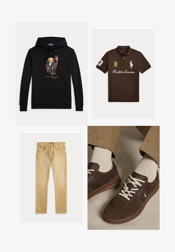 Zwarte hoodie met Polo Bear in een smoking die de teugels van een paard vasthoudt, tekst "POLO BEAR by RALPH LAUREN" onder de afbeelding.; Bruine polo met kraag, met witte tekst "Ralph Lauren", een wit polo-speler logo, een gouden wapen en nummer 3 op de linker mouw.; Beige katoenen jeans met een slim fit, vijf zakken en zichtbare stiksels. Voorzien van een metalen knoop en label op de tailleband.; Bruine suède sneakers met witte veters gedragen met beige geribbelde sokken en lichtbruine broek.