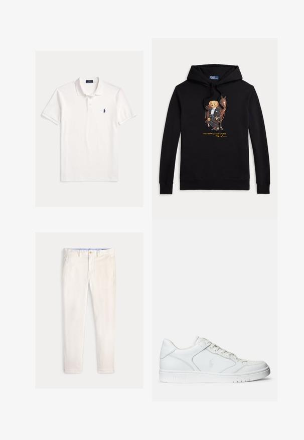Čierna mikina s kapucňou s Polo Bear v smokingu, ktorý drží uzdu koňa, text "POLO BEAR by RALPH LAUREN" pod grafikou.; Biela krátky rukáv Polo Ralph Lauren košeľa s golierom, zapínaním na dva gombíky a malým tmavomodrým vyšívaným logom koňa na ľavej strane hrudníka.; Pánske štíhle nohavice slonovinovej farby s prednými vreckami, pútkami na opasok a zapínaním na gombík na jednofarebnom pozadí.; Biele kožené tenisky s hladkým povrchom, obsahujúce perforovanú špičku, šnúrkové uzatvorenie a vyšívané logo na boku. Biela gumová podrážka.