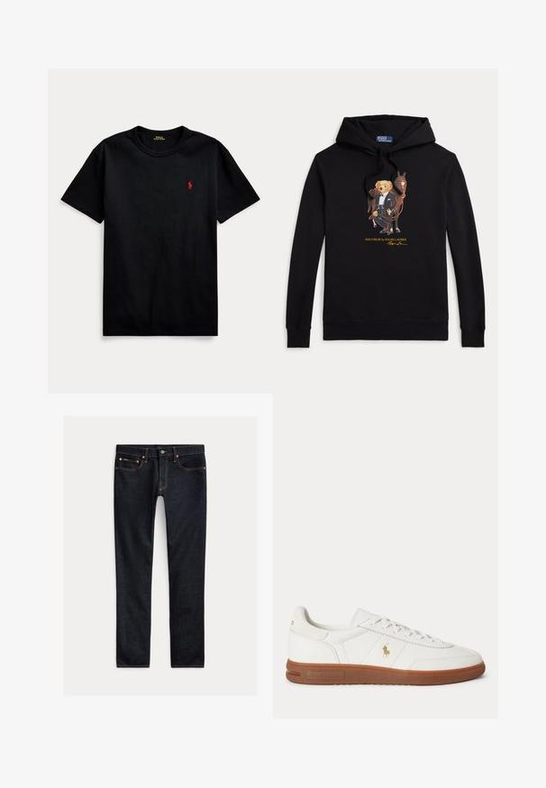 Schwarzer Hoodie mit Polo Bear im Smoking, der die Zügel eines Pferdes hält, Text "POLO BEAR by RALPH LAUREN" unter der Grafik.; Schwarzes Baumwoll-T-Shirt mit kurzen Ärmeln, Rundhalsausschnitt und kleinem roten gestickten Logo auf der linken Brust. Glatte Textur, lässiges Design.; Dunkelblaue Slim-Fit-Jeans mit fünf Taschen, Knopfverschluss und Kontrastnähten, flach auf hellem Hintergrund ausgelegt.; Weißer Sneaker mit niedrigem Schnitt, brauner Sohle, Schnürung vorne und kleinem goldfarbenem Polo Ralph Lauren Logo an der Seite.