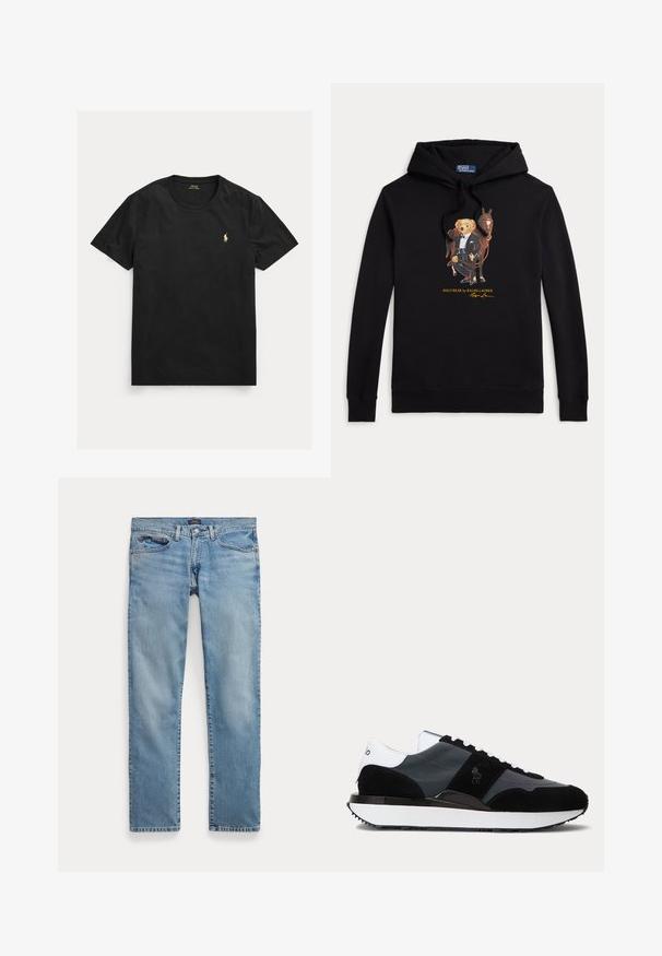 Čierna mikina s kapucňou s Polo Bear v smokingu, ktorý drží uzdu koňa, text "POLO BEAR by RALPH LAUREN" pod grafikou.; Čierne tričko s krátkym rukávom a okrúhlym výstrihom s malým žltým logom Polo Ralph Lauren na ľavej strane hrudníka.; Svetlomodré rovné rifľové nohavice s prednými vreckami a zapínaním na gombík, položené na bielom pozadí.; Čierno-biela nízka teniska s panelmi zo semišu a kože, bielymi šnúrkami a hrubou bielou podrážkou s čiernym lemom.