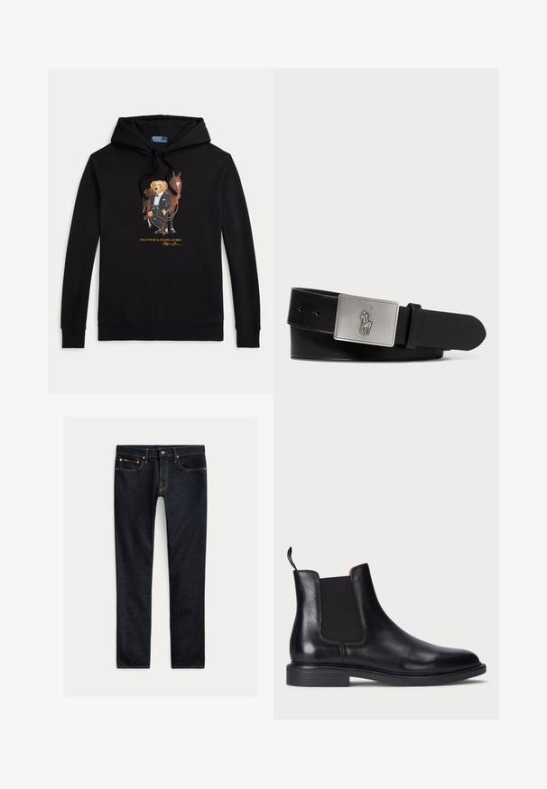 Sort hættetrøje med Polo Bear i smoking, der holder en hests tøjler, tekst "POLO BEAR by RALPH LAUREN" under grafikken.; Mørkeblå slim-fit jeans med fem lommer, knaplukning og kontrastsyning lagt fladt på en lys baggrund.; Sort læder Chelsea støvle med elastiske sidelæg, tekstureret overflade, rund tå og en lav stablet hæl. Har en grebsløkke for nem påtagning.; Sort læderbælte med en rektangulær sølvmetalspænde med et præget hestebuddy-logo, glat tekstur og fem hul til spænde.