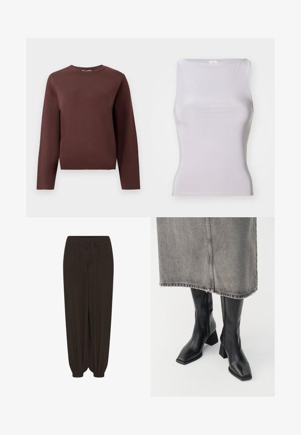 Pull-over en tricot marron à manches longues avec col rond et col en côtes, présenté à plat sur un fond clair uniforme.; BDG Urban Outfitters LIA - Débardeur - grey; Pantalon noir ample avec taille élastique et cordon de serrage, jambes fuselées avec poignets élastiques.; Bottes noires montantes en cuir lisse avec un bout carré et un talon bloc. Portées avec une jupe en denim grise à l'ourlet effiloché.
