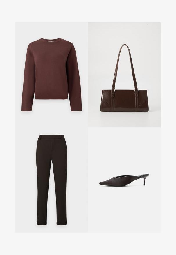 Brun langærmet strikket sweater med rund hals og ribbet krave, præsenteret fladt på en enkel lys baggrund.; Sorte slim-fit bukser med bæltestropper og manchetter mod en ensfarvet hvid baggrund.; Sort mule-sko med spids tå, lav stilet-hæl og glat finish, vist fra siden på en hvid baggrund.; Brun lakeret håndtaske med rektangulær form, to lange håndtag og subtile buede detaljer på fronten.