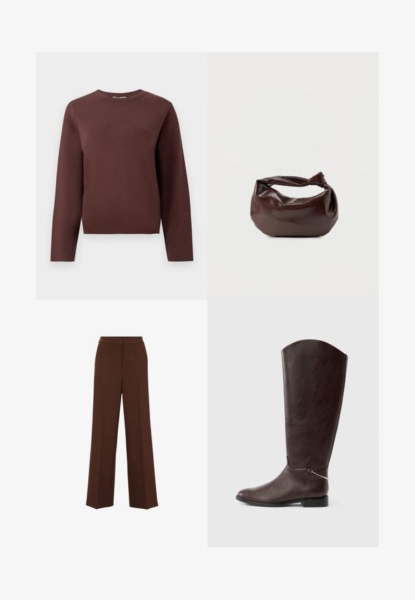 Brun langærmet strikket sweater med rund hals og ribbet krave, præsenteret fladt på en enkel lys baggrund.; Brune bredbenede bukser med en glat overflade, der har en struktureret talje og subtile plisseringer, der løber ned langs forsiden.; Mørkebrun knæhøj læderstøvle med flad hæl og en lille sølvfarvet dekorationsvedhæng nær anklen på hvid baggrund.; Mørkebrun læder skuldertaske med en blød, afslappet form og et snoet knudehåndtag på en ensartet hvid baggrund.