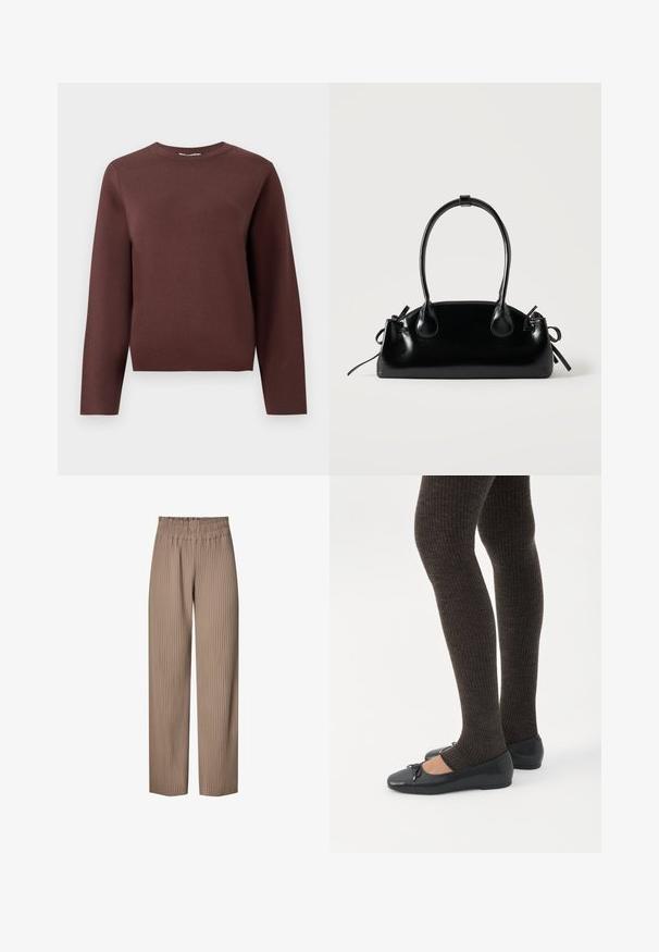 Brun langærmet strikket sweater med rund hals og ribbet krave, præsenteret fladt på en enkel lys baggrund.; Plisserede vide bukser i en lys brun stof med elastisk talje, prydet med lodrette striber for ekstra tekstur og design.; Ben iført mørke ribbede leggings kombineret med sorte balletsko med små sløjfedetaljer på hvid baggrund.; Lille sort blank håndtaske med to lange håndtag og snøre-detaljer i siden på en ensfarvet lys baggrund.
