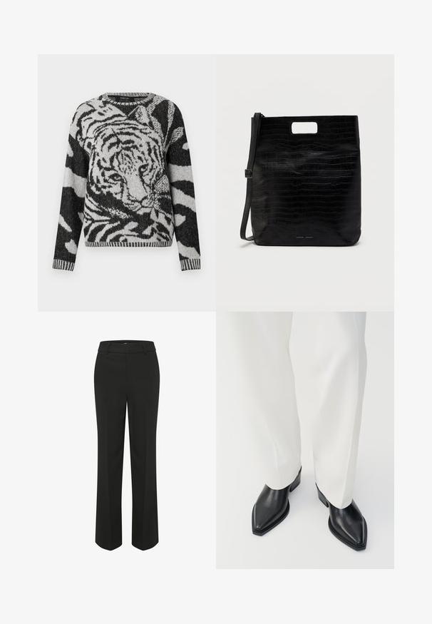 Sort-hvid strikket sweater med tigerprint, rund halsudskæring, lange ærmer og ribbet kant med tekstureret mønster.; Sorte, vide benbukser med en glat overflade. Har en tætsiddende livlinje og rene, skræddersyede linjer for et minimalistisk design.; Sorte spidse ankelstøvler med en glat læderoverflade, lave blokhæle, og parret med hvide brede bukser. Enkel og moderne design.; Sort faux læder tote taske med krokodilletekstur, rektangulær form, håndtagsskæring i toppen og en aftagelig skulderstrop. Brandlogoet er vist.