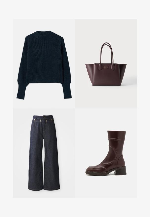 Dunkelnavyblauer, gerippter Strickpullover mit langen Ärmeln und rundem Ausschnitt, auf einem weißen Hintergrund flach ausgelegt.; Weite Jeans aus dunklem Denim mit hoher Taille, doppelter Knopfverschluss und Kontrastnähten entlang der Nähte.; MIISTA MALENE - Stiefelette - brown; Dunkelbraune strukturierte Lederhandtasche mit zwei Griffen und leicht ausgestellten Seiten, dargestellt auf einem schlichten hellen Hintergrund.