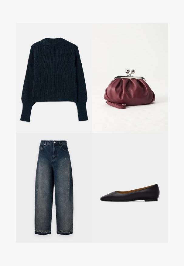 Donker marineblauwe geribbelde trui met lange mouwen en een ronde hals, plat gelegd op een witte achtergrond.; Donkerdenim wijde pijpen jeans met een hoge taille, vijf zakken, zichtbare stiksels en lichte slijtage aan de voorkant. Klassieke knoop- en ritssluiting.; Zwarte leren puntschoen met lage hak en gladde afwerking, zijaanzicht op een lichtgrijze achtergrond.; Kleine bordeauxrode leren clutch-portemonnee met zilverkleurige metalen sluiting en polsbandje op een witte achtergrond.