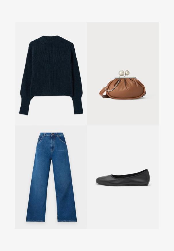 Chandail en tricot côtelé bleu marine foncé avec des manches longues et un col rond, posé à plat sur un fond blanc.; Jean large en denim bleu foncé avec une taille haute, comportant des poches avant et arrière, ainsi que des détails de couture contrastés.; Ballerines en cuir noir avec un bout rond, texture lisse, détails de couture minimalistes et design de semelle flexible.; Pochette en cuir marron avec un fermoir à boule en argent et un petit détail en chaîne argentée sur fond blanc.