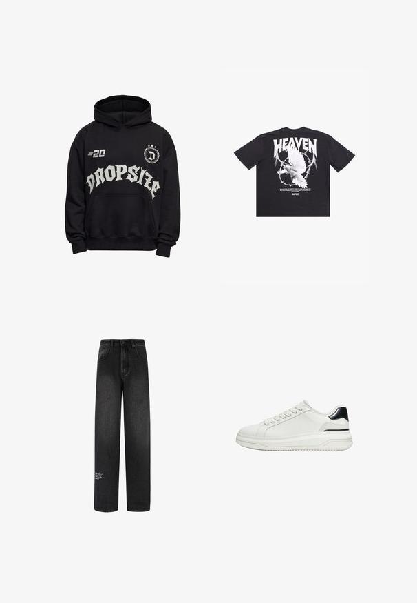 Sort hættetrøje med forlommer foran, hvid tekst "DROPSIZE" i gotisk skrifttype, et "20" på venstre bryst og et cirkulært emblem med et "D" og stjerner.; Sort bomulds T-shirt med en hvid due grafik, teksten "HEAVEN" og citater trykt på bagsiden. Korte ærmer, afslappet pasform.; Sorte denim bukser med bred benvidde og høj talje, med to forlommer og en dekorativ logodetalje på det nederste ben.; Hvid lavtop sneaker med snørelukning foran og sort hældetalje på en tyk sål, vist fra siden på en hvid baggrund.