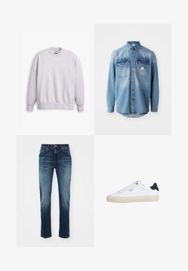 Hall grey sweatshirt, millede kaelusega, pikkade varrukatega, soonikkoes mansettide ja äärega. Esiosas on väike heledakollane "Levi's" logo.; Hele sinine teksasärk pika varrukaga, kahe rinna taskuga, nööbiga ees ja tumedamate taskute ülaosadega. Omab ümarat hemmi.; Tumed sinised denim teksad, millel on kerge kulumine, viie taskuga disain, nööbiga sulgemine, sirge sääre sobivus ja tugevdatud äär.; Valge madala säärega toss, beežide talladega, valgete paeltega, musta kandetükiga ja külje peal oleva "Pepe Jeans London" logo.